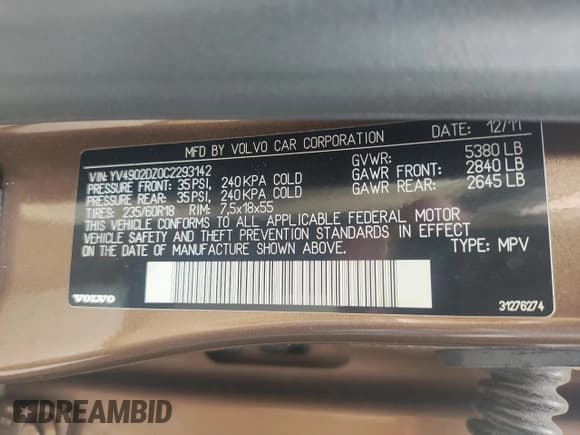 ✅ 2012 Volvo XC60 3.0L • VIN: YV4902DZ0C2293142 • Lot: 67957495. Wystawiony na Copart z przebiegiem 110 170 mil. Bezpłatny archiwum sprzedaży aukcyjnych z USA i szczegółowy raport historii pojazdu na DreamBid. Zdjęcie 10.