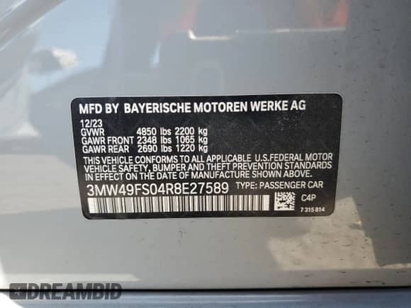 2024 BMW 3 Series M340i z VIN 3MW49FS04R8E27589, wystawiony jako Copart lot #69801894 z przebiegiem Nie podano mil oraz Szkoda całkowita • Salvage title. Historia ofert i sprzedaży dostępna na DreamBid. Obrazek 13.
