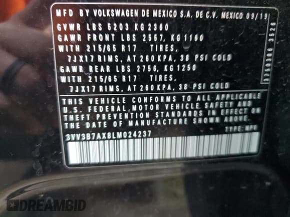 ✅ 2020 Volkswagen Tiguan SE • VIN: 3VV3B7AX8LM024237 • Lot: 90944255. Wystawiony na Copart z przebiegiem 72 197 mil. Bezpłatny archiwum sprzedaży aukcyjnych z USA i szczegółowy raport historii pojazdu na DreamBid. Zdjęcie 13.