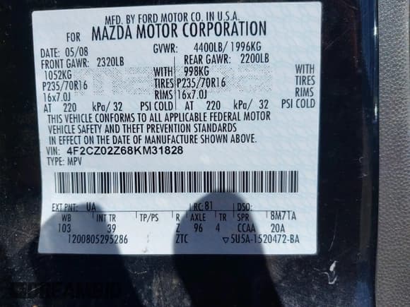 ✅ 2008 Mazda Tribute Sport • VIN: 4F2CZ02Z68KM31828 • Lot: 41622840. Listed on IAAI with 209,473 mi. Free auction sales archive from the USA and detailed vehicle history report at DreamBid. Image 9.