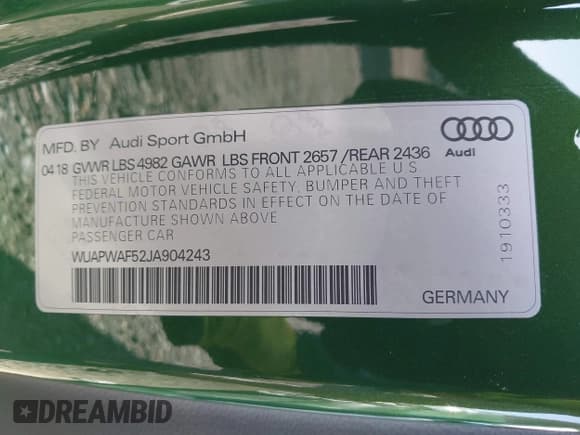 ✅ 2018 Audi RS 5 • VIN: WUAPWAF52JA904243 • Lot: 41991496. Listed on IAAI with 57,563 mi. Free auction sales archive from the USA and detailed vehicle history report at DreamBid. Image 9.