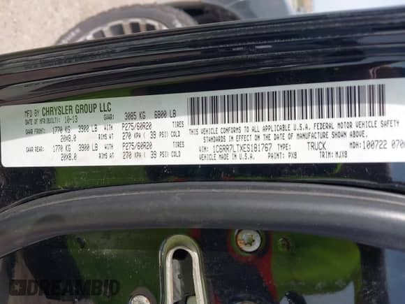 2014 Ram 1500 Big Horn with VIN 1C6RR7LTXES181767, listed as a IAAI auction lot 42274453 with 239,419 mi miles and . Bid and sale history available at DreamBid. Image 9.