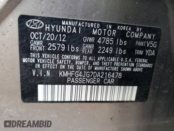 ✅ 2013 Hyundai Azera • VIN: KMHFG4JG7DA216478 • Lot: 53998885. Wystawiony na Copart z przebiegiem 154 277 mil mil. Skorzystaj z bezpłatnego archiwum sprzedaży aukcyjnych z USA i zobacz szczegółowy raport historii pojazdu na DreamBid. Zdjęcie 12.