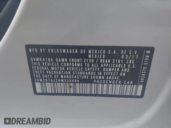 ✅ 2017 Volkswagen Jetta S • VIN: 3VW2B7AJ2HM335494 • Lot: 43559589. Listed on IAAI with 110,858 mi. Free auction sales archive from the USA and detailed vehicle history report at DreamBid. Image 9.