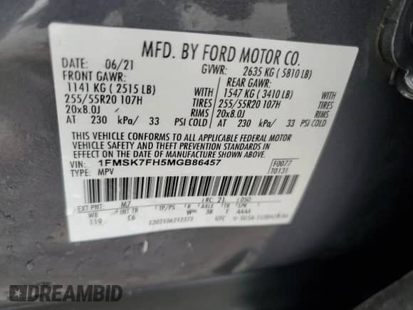 2021 Ford Explorer Limited with VIN 1FMSK7FH5MGB86457, listed as a Copart auction lot 85279185 with 105,121 mi miles and Salvage title. Bid and sale history available at DreamBid. Image 13.