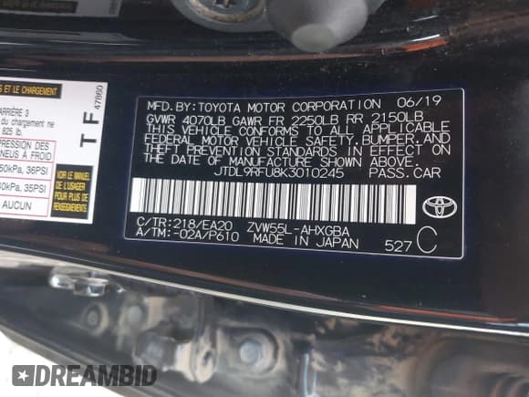 ✅ 2019 Toyota Prius XLE • VIN: JTDL9RFU8K3010245 • Lot: 43601742. Listed on IAAI with 90,815 mi. Free auction sales archive from the USA and detailed vehicle history report at DreamBid. Image 9.