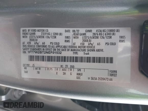 ✅ 2022 Ford F-250 XL • VIN: 1FT7W2BT2NEF01532 • Lot: 41067804. Listed on IAAI with 68,276 mi. Free auction sales archive from the USA and detailed vehicle history report at DreamBid. Image 9.