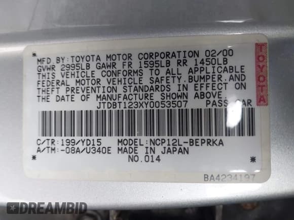 ✅ 2000 Toyota ECHO • VIN: JTDBT123XY0053507 • Lot: 43898312. Listed on IAAI with 97,259 mi. Free auction sales archive from the USA and detailed vehicle history report at DreamBid. Image 9.