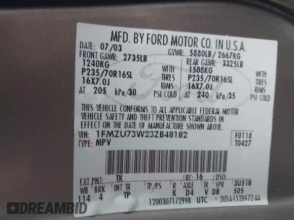 ✅ 2003 Ford Explorer XLT • VIN: 1FMZU73W23ZB48182 • Lot: 41979806. Listed on IAAI with 105,499 mi. Free auction sales archive from the USA and detailed vehicle history report at DreamBid. Image 9.