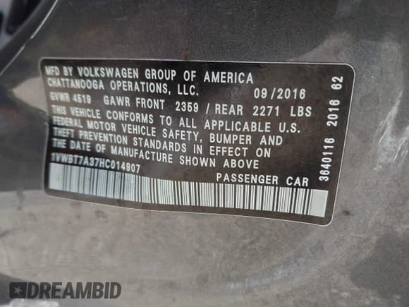 ✅ 2017 Volkswagen Passat SE • VIN: 1VWBT7A37HC014907 • Lot: 43559552. Listed on IAAI with 171,721 mi. Free auction sales archive from the USA and detailed vehicle history report at DreamBid. Image 9.