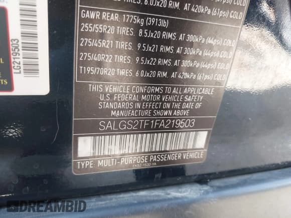 ✅ 2015 Land Rover Range Rover Supercharged • VIN: SALGS2TF1FA219503 • Lot: 42580352. Listed on IAAI with 104,534 mi. Free auction sales archive from the USA and detailed vehicle history report at DreamBid. Image 9.