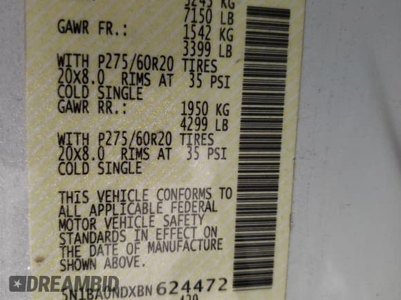 ✅ 2011 Nissan Armada SV • VIN: 5N1BA0NDXBN624472 • Лот: 56108755. Опубликован ранее на Copart с пробегом 156 239 миль. Бесплатный доступ к архиву аукционных продаж из США и подробный отчёт об истории автомобиля на DreamBid. Изображение 13.