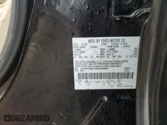 ✅ 2009 Lincoln MKX • VIN: 2LMDU88C59BJ05583 • Lot: 72301773. Listed on Copart with 207,405 mi. Free auction sales archive from the USA and detailed vehicle history report at DreamBid. Image 13.