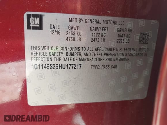 ✅ 2017 Chevrolet Impala Premier • VIN: 1G1145S35HU177217 • Lot: 43556455. Listed on IAAI with 139,553 mi. Free auction sales archive from the USA and detailed vehicle history report at DreamBid. Image 9.