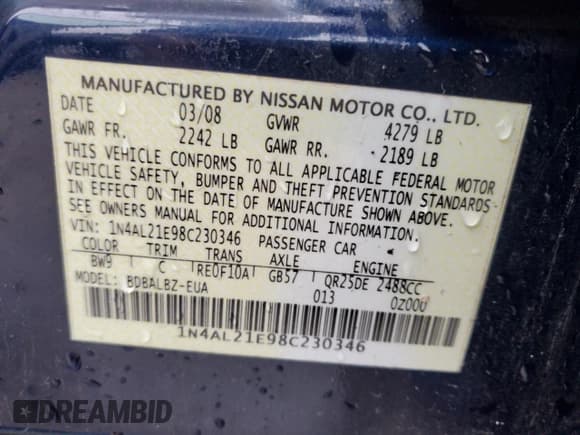 ✅ 2008 Nissan Altima SL • VIN: 1N4AL21E98C230346 • Лот: 93064695. Опубликован ранее на Copart с пробегом 137 413 миль. Бесплатный доступ к архиву аукционных продаж из США и подробный отчёт об истории автомобиля на DreamBid. Изображение 12.