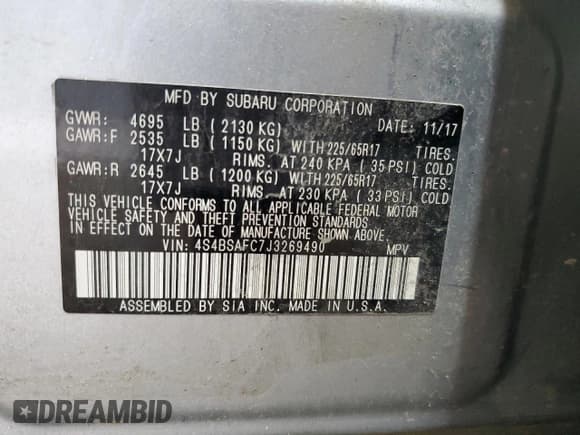 ✅ 2018 Subaru Outback Premium • VIN: 4S4BSAFC7J3269490 • Lot: 63667875. Listed on Copart with 104,661 mi. Free auction sales archive from the USA and detailed vehicle history report at DreamBid. Image 13.