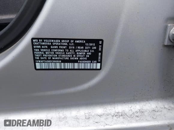 ✅ 2013 Volkswagen Passat S • VIN: 1VWAP7A38DC080506 • Lot: 42680387. Listed on IAAI with 297,230 mi. Free auction sales archive from the USA and detailed vehicle history report at DreamBid. Image 9.