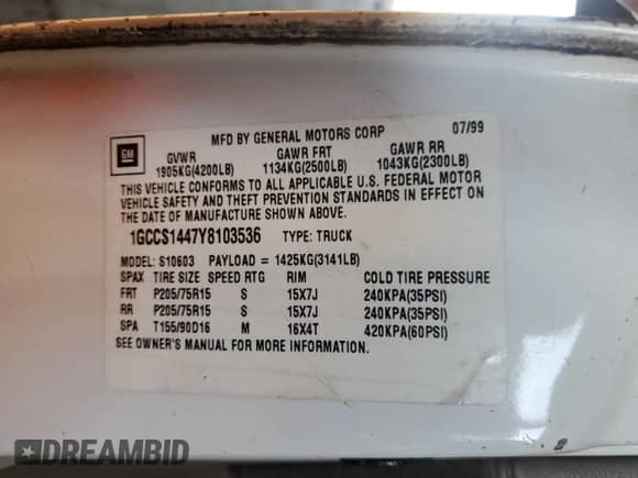 2000 Chevrolet S-10 LS с VIN 1GCCS1447Y8103536, выставлен на аукционе Copart как лот 80106554 с пробегом 244 323 миль миль и Списание • Salvage title. История ставок и продаж доступна на DreamBid. Изображение 12.