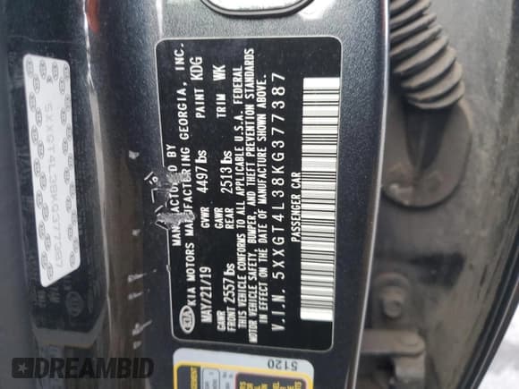 ✅ 2019 Kia Optima S • VIN: 5XXGT4L38KG377387 • Лот: 90328595. Опубликован ранее на Copart с пробегом 92 338 миль. Бесплатный доступ к архиву аукционных продаж из США и подробный отчёт об истории автомобиля на DreamBid. Изображение 12.