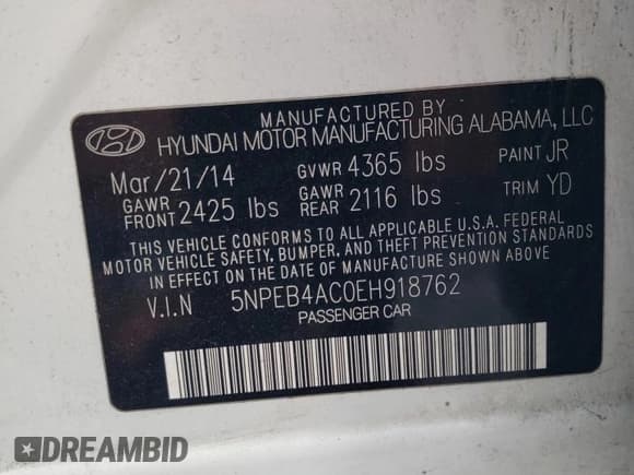 ✅ 2014 Hyundai Sonata GLS • VIN: 5NPEB4AC0EH918762 • Lot: 68619814. Listed on Copart with 138,226 mi. Free auction sales archive from the USA and detailed vehicle history report at DreamBid. Image 12.