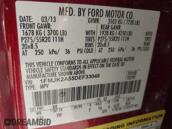 ✅ 2013 Ford Expedition Max Limited • VIN: 1FMJK2A55DEF33048 • Lot: 42388240. Listed on IAAI with 244,265 mi. Free auction sales archive from the USA and detailed vehicle history report at DreamBid. Image 9.