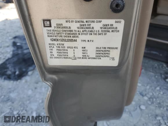 ✅ 2002 Chevrolet Tahoe LT • VIN: 1GNEK13Z62J280544 • Лот: 81190225. Опубликован ранее на Copart с пробегом 213 486 миль. Бесплатный доступ к архиву аукционных продаж из США и подробный отчёт об истории автомобиля на DreamBid. Изображение 13.