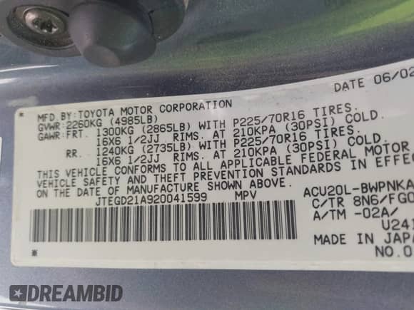 2002 Toyota Highlander with VIN JTEGD21A920041599, listed as a IAAI auction lot 42453160 with 215,398 mi miles and . Bid and sale history available at DreamBid. Image 9.