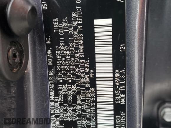 ✅ 2012 Toyota Highlander • VIN: 5TDBK3EH1CS153068 • Lot: 91176545. Listed on Copart with 157,444 mi. Free auction sales archive from the USA and detailed vehicle history report at DreamBid. Image 13.