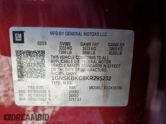 2019 Chevrolet Tahoe LT z VIN 1GNSKBKC8KR295232, wystawiony jako Copart lot #85880395 z przebiegiem 86 415 mil mil oraz Szkoda całkowita • Salvage title. Historia ofert i sprzedaży dostępna na DreamBid. Obrazek 13.