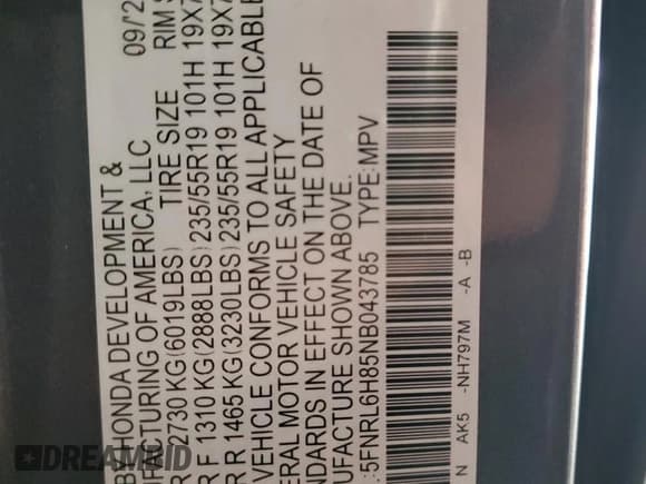 ✅ 2022 Honda Odyssey Touring • VIN: 5FNRL6H85NB043785 • Lot: 81160045. Listed on Copart with 193,024 mi. Free auction sales archive from the USA and detailed vehicle history report at DreamBid. Image 13.