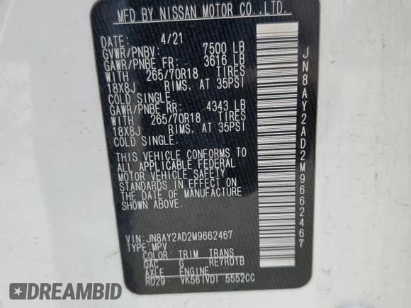 ✅ 2021 Nissan Armada SV • VIN: JN8AY2AD2M9662467 • Lot: 61624725. Listed on Copart with 76,008 mi. Free auction sales archive from the USA and detailed vehicle history report at DreamBid. Image 14.