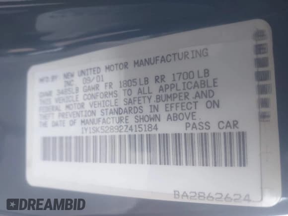 ✅ 2002 Chevrolet Prizm • VIN: 1Y1SK52892Z415184 • Лот: 41352387. Опубликован ранее на IAAI с пробегом 184 991 миль. Бесплатный доступ к архиву аукционных продаж из США и подробный отчёт об истории автомобиля на DreamBid. Изображение 9.