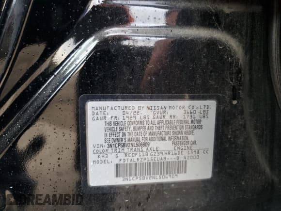 ✅ 2022 Nissan Kicks S • VIN: 3N1CP5BV2NL506909 • Лот: 90452075. Опубликован ранее на Copart с пробегом 109 857 миль. Бесплатный доступ к архиву аукционных продаж из США и подробный отчёт об истории автомобиля на DreamBid. Изображение 13.