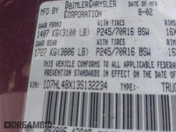 ✅ 2003 Dodge Dakota SLT • VIN: 1D7HL48X13S132234 • Lot: 43087429. Wystawiony na IAAI z przebiegiem 166 002 mil. Bezpłatny archiwum sprzedaży aukcyjnych z USA i szczegółowy raport historii pojazdu na DreamBid. Zdjęcie 9.