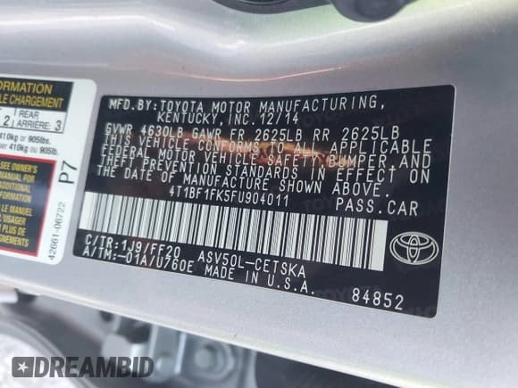 ✅ 2015 Toyota Camry LE • VIN: 4T1BF1FK5FU904011 • Lot: 43093342. Listed on IAAI with 141,536 mi. Free auction sales archive from the USA and detailed vehicle history report at DreamBid. Image 9.