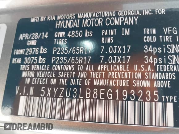 2014 Hyundai Santa Fe with VIN 5XYZU3LB8EG193235, listed as a IAAI auction lot 43285823 with 84,842 mi miles and . Bid and sale history available at DreamBid. Image 9.