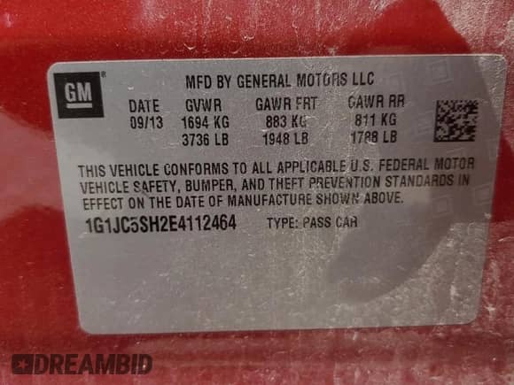 2014 Chevrolet Sonic LT с VIN 1G1JC5SH2E4112464, выставлен на аукционе Copart как лот 70312334 с пробегом 156 932 миль миль и Чистый • Clean title. История ставок и продаж доступна на DreamBid. Изображение 12.