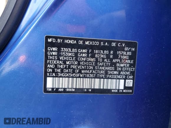 ✅ 2015 Honda Fit LX • VIN: 3HGGK5H59FM718367 • Lot: 85653085. Listed on Copart with 167,693 mi. Free auction sales archive from the USA and detailed vehicle history report at DreamBid. Image 13.