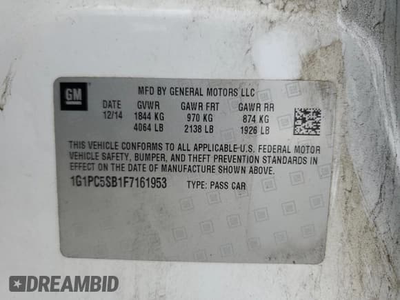 ✅ 2015 Chevrolet Cruze LT • VIN: 1G1PC5SB1F7161953 • Лот: 85519735. Опубликован ранее на Copart с пробегом 160 009 миль. Бесплатный доступ к архиву аукционных продаж из США и подробный отчёт об истории автомобиля на DreamBid. Изображение 12.