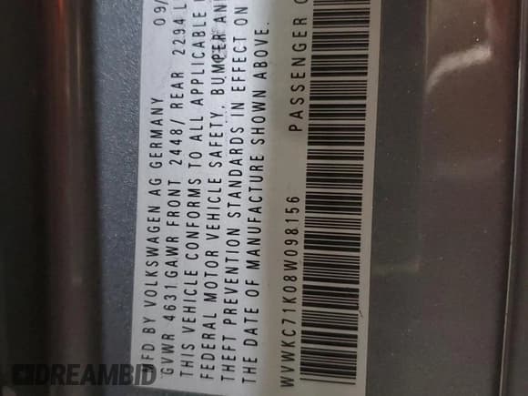 ✅ 2008 Volkswagen R32 • VIN: WVWKC71K08W098156 • Lot: 68373634. Listed on Copart with Not provided. Free auction sales archive from the USA and detailed vehicle history report at DreamBid. Image 13.