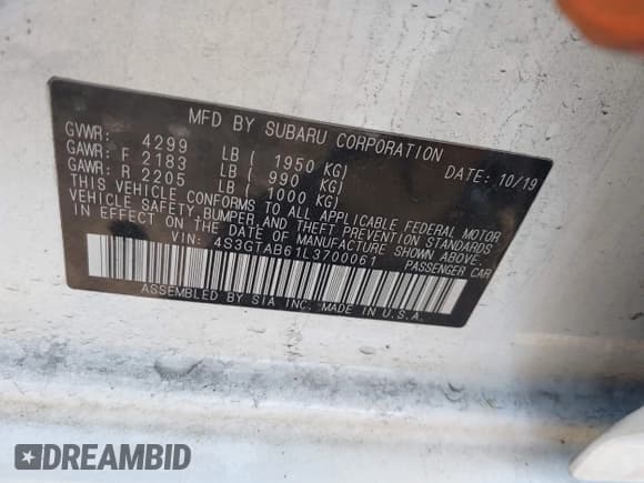 ✅ 2020 Subaru Impreza • VIN: 4S3GTAB61L3700061 • Lot: 42087563. Listed on IAAI with 169,067 mi. Free auction sales archive from the USA and detailed vehicle history report at DreamBid. Image 8.