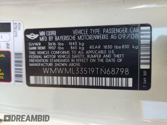 ✅ 2009 MINI Clubman • VIN: WMWML33519TN68798 • Lot: 63779765. Listed on Copart with Not provided. Free auction sales archive from the USA and detailed vehicle history report at DreamBid. Image 12.