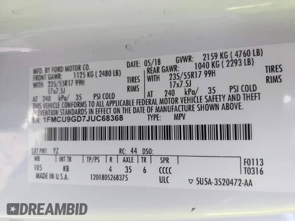 2018 Ford Escape SE z VIN 1FMCU9GD7JUC68368, wystawiony jako IAAI lot #43336557 z przebiegiem 104 766 mil mil oraz . Historia ofert i sprzedaży dostępna na DreamBid. Obrazek 9.