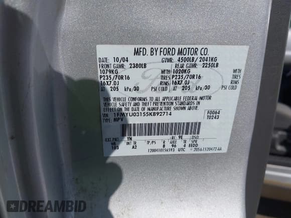 ✅ 2005 Ford Escape XLT • VIN: 1FMYU03155KB92714 • Лот: 43564037. Опубликован ранее на IAAI с пробегом 172 491 миль. Бесплатный доступ к архиву аукционных продаж из США и подробный отчёт об истории автомобиля на DreamBid. Изображение 9.