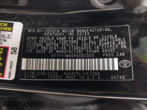 2023 Toyota Camry SE with VIN 4T1T11BK0PU092000, listed as a IAAI auction lot 41735339 with 23,578 mi miles and . Bid and sale history available at DreamBid. Image 9.