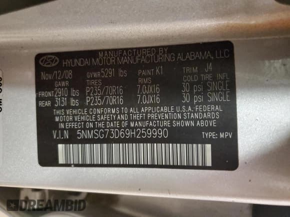 ✅ 2009 Hyundai Santa Fe GLS • VIN: 5NMSG73D69H259990 • Lot: 88451205. Listed on Copart with 148,287 mi. Free auction sales archive from the USA and detailed vehicle history report at DreamBid. Image 13.