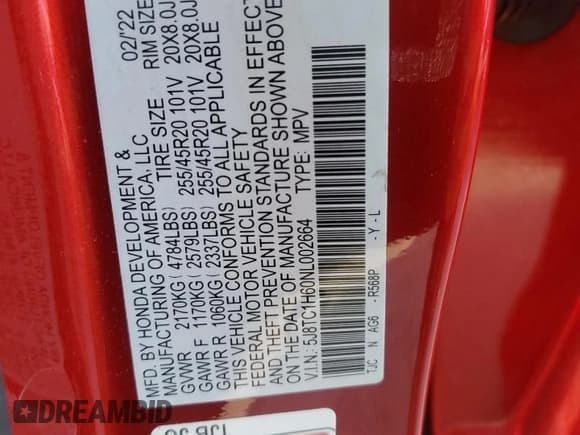 ✅ 2022 Acura RDX w/A-Spec Package • VIN: 5J8TC1H60NL002664 • Lot: 62827865. Listed on Copart with 65,115 mi. Free auction sales archive from the USA and detailed vehicle history report at DreamBid. Image 13.