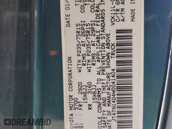 ✅ 1998 Toyota T100 SR5 • VIN: JT4TN14D4W0041404 • Lot: 45799435. Wystawiony na Copart z przebiegiem 340 047 mil. Bezpłatny archiwum sprzedaży aukcyjnych z USA i szczegółowy raport historii pojazdu na DreamBid. Zdjęcie 12.