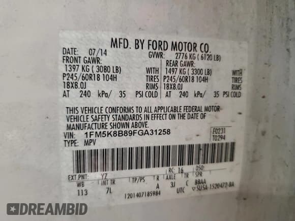 ✅ 2015 Ford Explorer • VIN: 1FM5K8B89FGA31258 • Lot: 94163135. Listed on Copart with 143,920 mi. Free auction sales archive from the USA and detailed vehicle history report at DreamBid. Image 13.