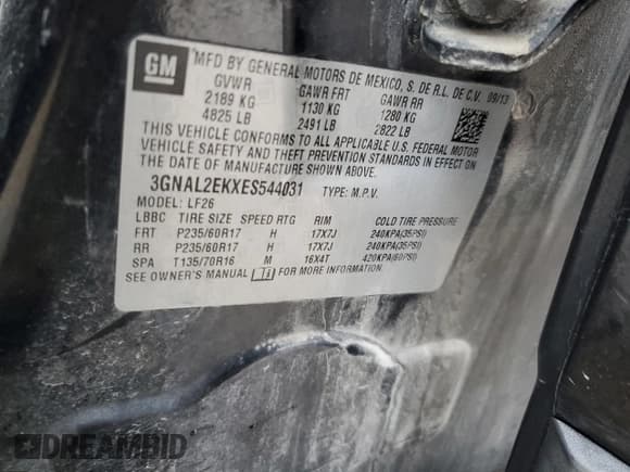 ✅ 2014 Chevrolet Captiva Sport LS • VIN: 3GNAL2EKXES544031 • Lot: 43563775. Wystawiony na Copart z przebiegiem 100 097 mil. Bezpłatny archiwum sprzedaży aukcyjnych z USA i szczegółowy raport historii pojazdu na DreamBid. Zdjęcie 13.